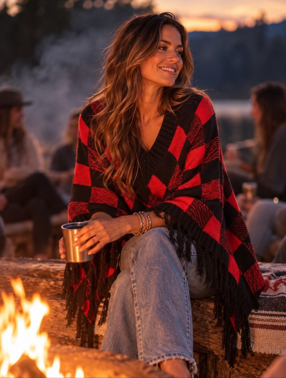 Maverick The Collection | NWT Buffalo Plaid Poncho Sweater Black Red One…